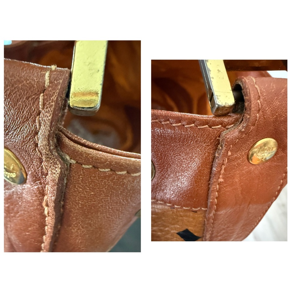MCM München Cognac Visetos Drawstring Bucket Bag Vintage Leather Trim Crossbody - Picture 14 of 14